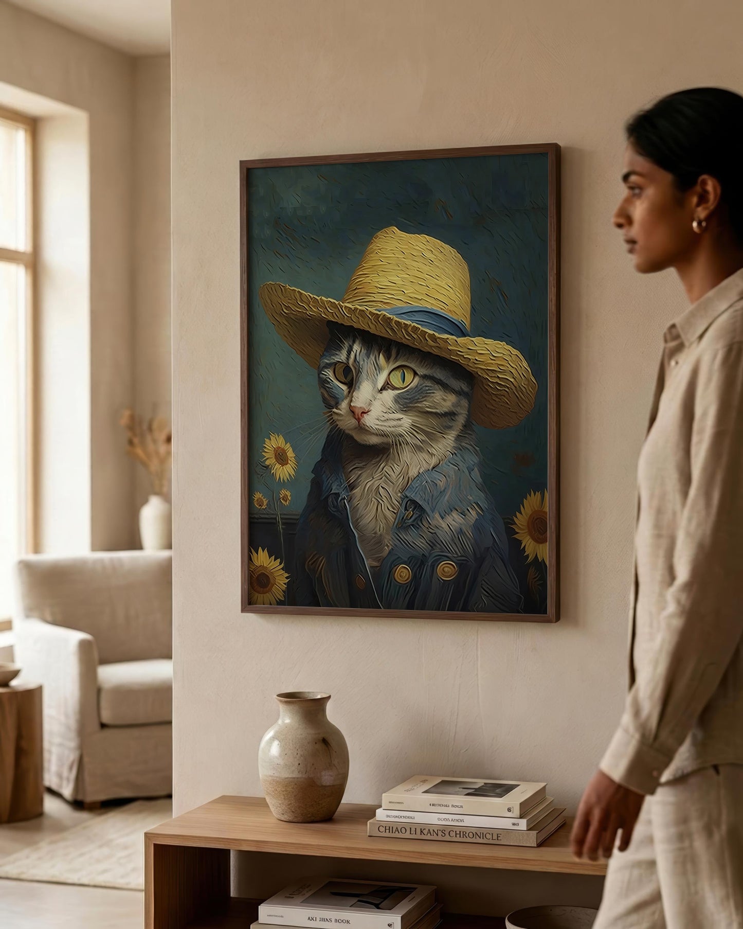 A framed custom pet portrait of a cat in a straw hat and denim jacket, shown hanging on a beige wall in a modern living room next to a woman.