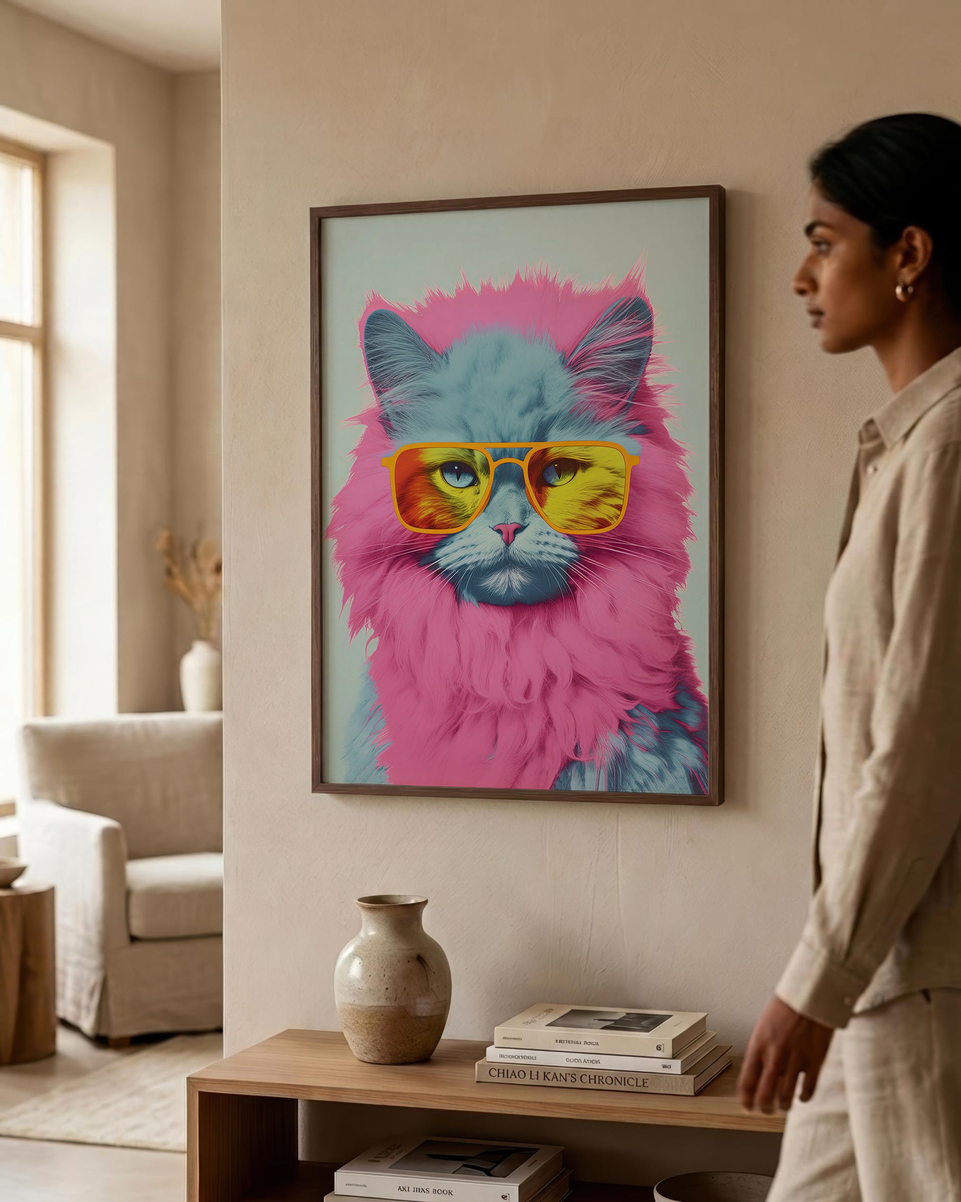 A woman in a beige linen outfit stands in a modern living room next to a framed art print of a fluffy cat wearing pink and blue fur and yellow sunglasses.