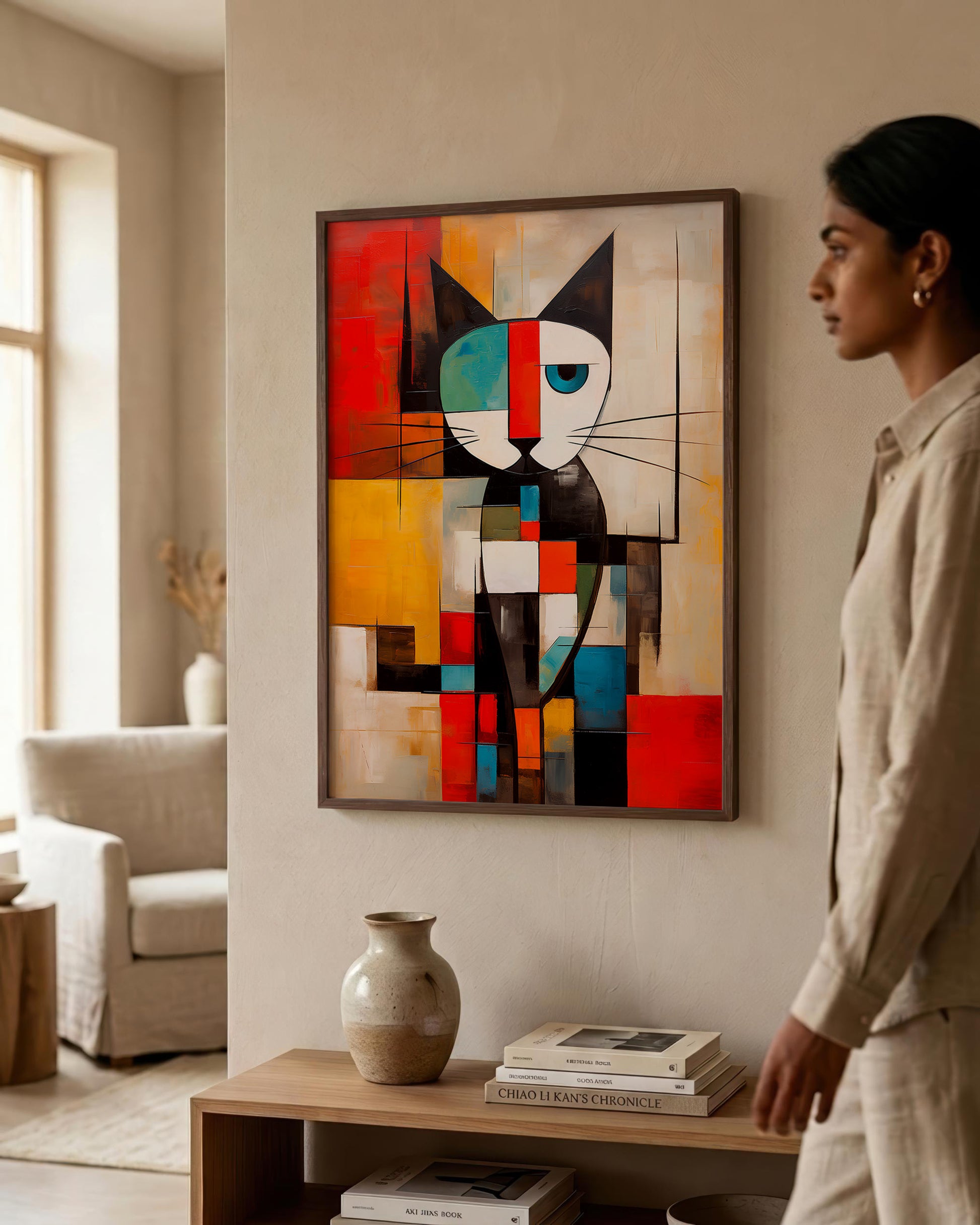 A woman in a beige linen outfit stands next to a framed abstract cubist-style cat painting hanging on a beige wall in a modern living room setting.