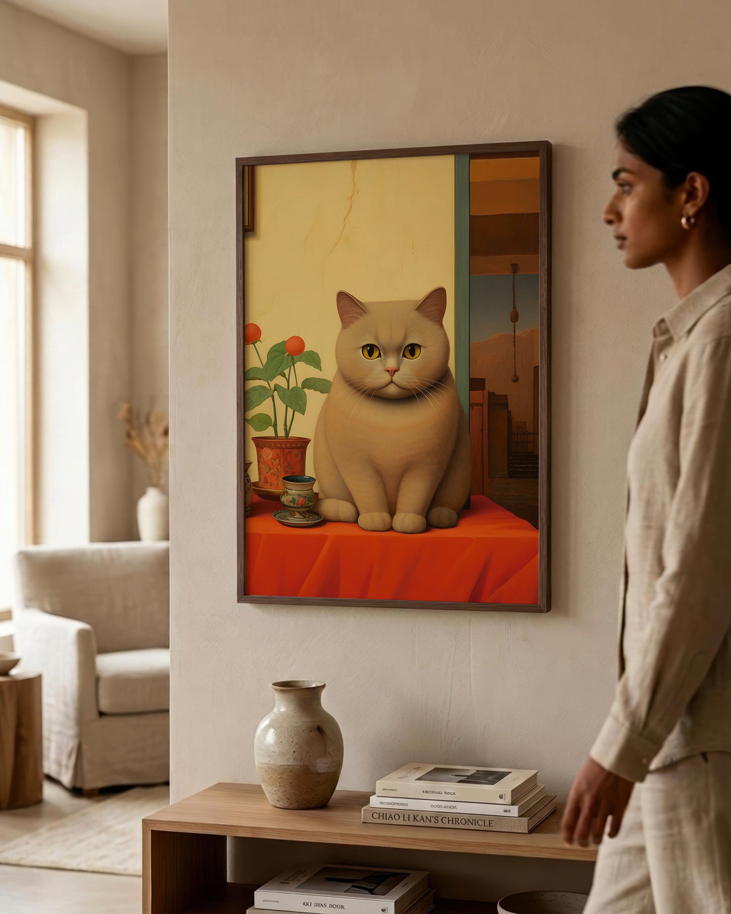 A woman in a beige linen outfit stands in a modern living room next to a framed art print depicting a ginger cat sitting on an orange-red tablecloth.