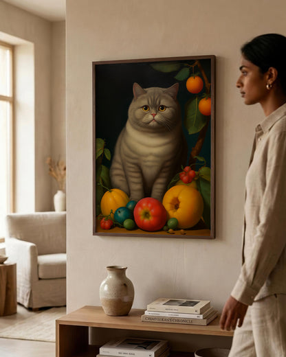 A woman in a beige linen outfit stands in a modern living room, looking at a framed canvas print of a cat surrounded by fruit on a dark background.