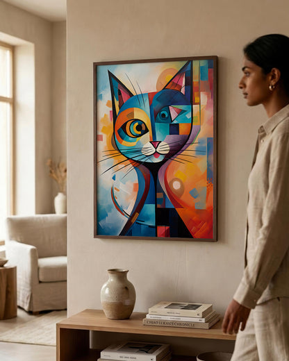A woman in a beige linen outfit stands next to a framed abstract cubist-style cat painting hanging on a beige wall in a modern living room setting.