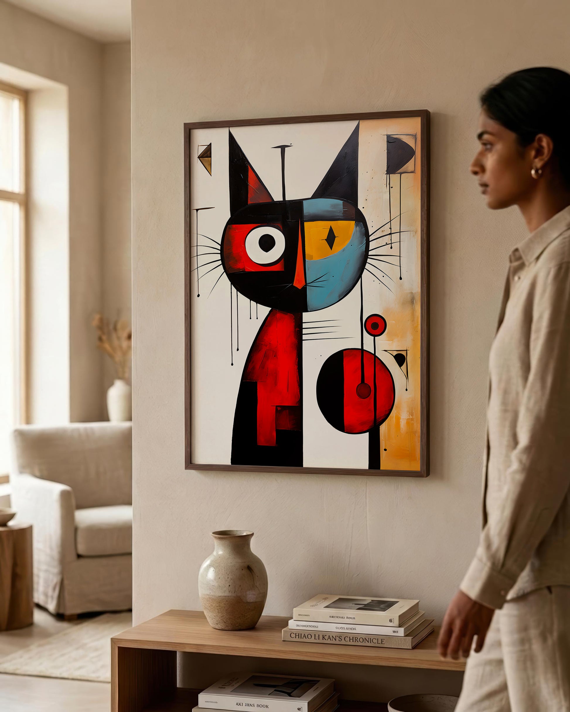 A woman in a beige linen outfit stands in a modern living room next to a framed abstract geometric cat painting. The painting features bold shapes in red, black, blue, yellow, and white, hanging on a warm beige wall above a wooden console table with a ceramic vase and books.