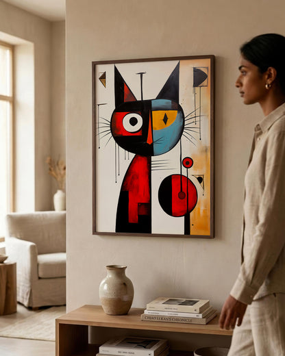 A woman in a beige linen outfit stands in a modern living room next to a framed abstract geometric cat painting. The painting features bold shapes in red, black, blue, yellow, and white, hanging on a warm beige wall above a wooden console table with a ceramic vase and books.