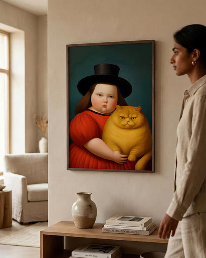 A woman in a beige outfit stands in a modern living room, looking at a framed portrait painting of a child in a red dress and black hat holding a yellow cat.