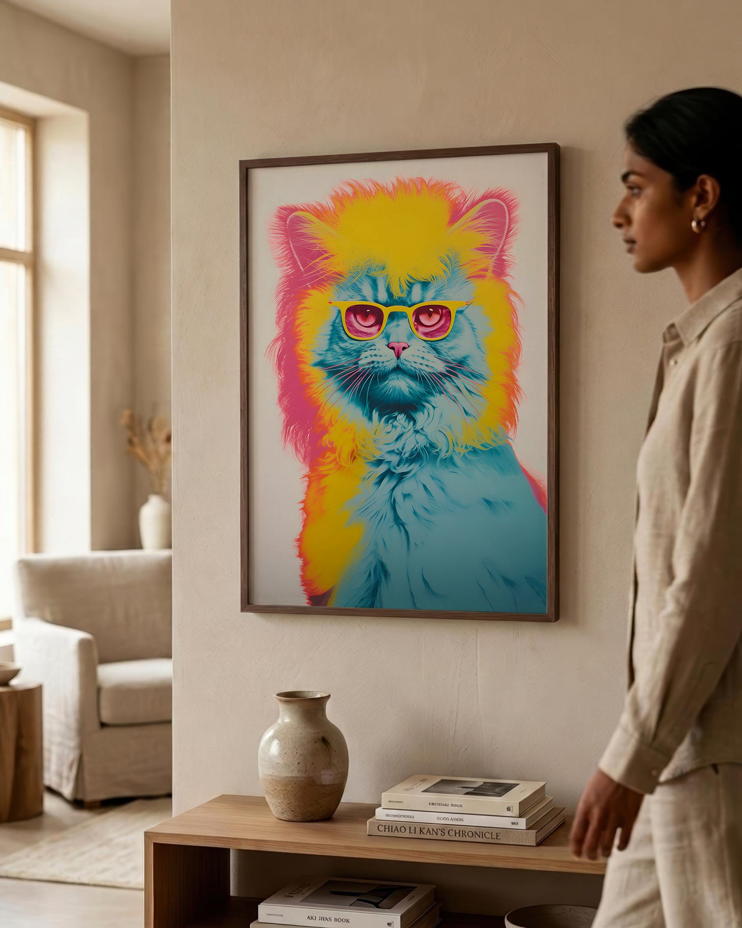 colorful cat wall art in a dark wood frame