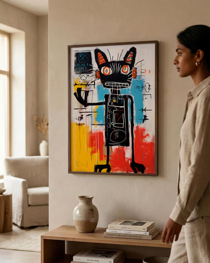 A framed abstract painting featuring a stylized black cat with orange eyes and bold red, yellow, and blue brushstrokes, displayed on a beige wall in a modern living room next to a woman.