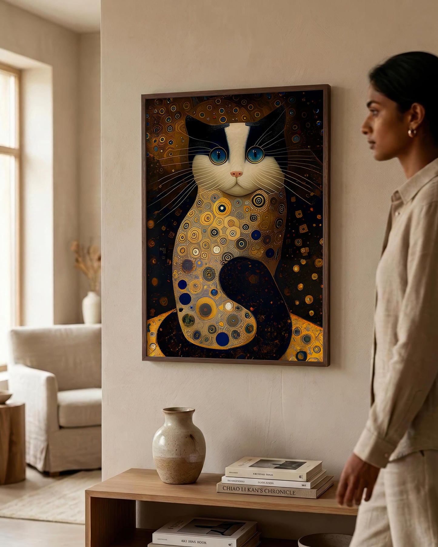 A woman in a beige linen outfit stands in a modern living room next to a framed art print of a stylized cat in a Klimt-inspired gold, black, and white pattern.
