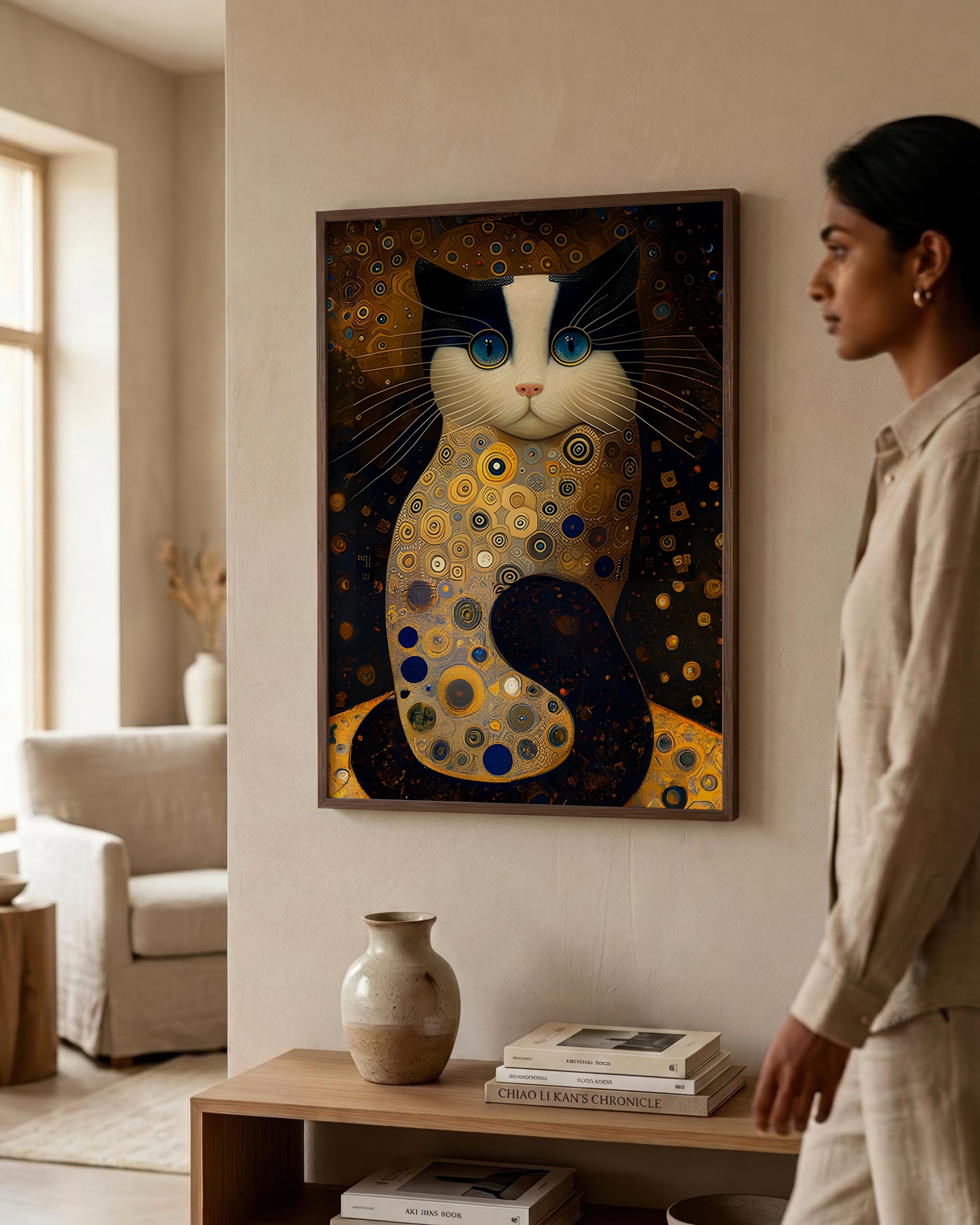 A woman in a beige linen outfit stands in a modern living room next to a framed art print of a stylized cat in a Klimt-inspired gold, black, and white pattern.