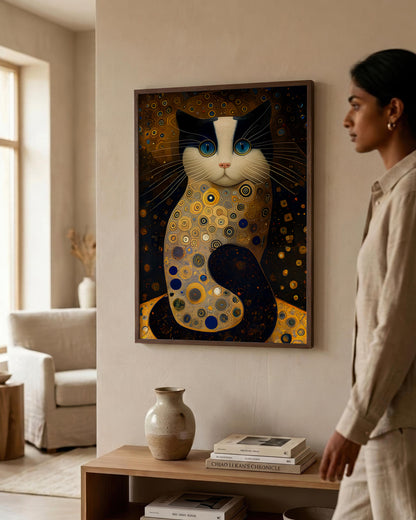 A woman in a beige linen outfit stands in a modern living room next to a framed art print of a stylized cat in a Klimt-inspired gold, black, and white pattern.