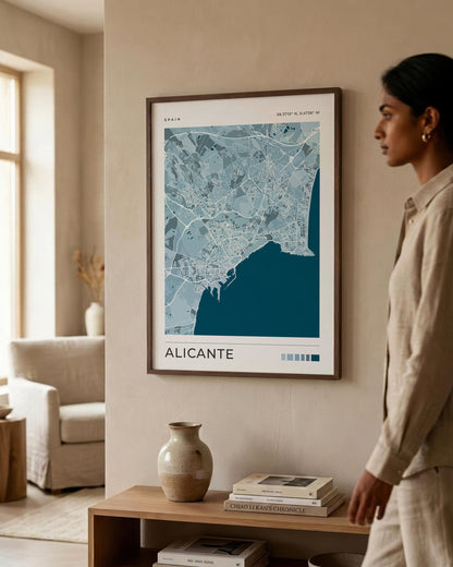 Impression Carte de la ville d'Alicante | Art mural de voyage en Espagne | Cadeau de pendaison de crémaillère et de voyage