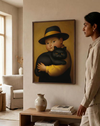 A woman in a beige linen outfit stands in a modern living room, looking at a framed art print on the wall. The print depicts a child in a black and yellow outfit holding a black cat against a warm yellow background.
