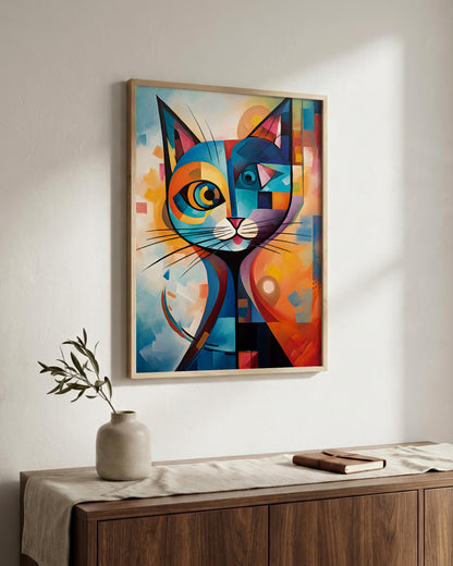 A framed abstract cat art print hangs on a white wall above a wooden console table with a vase and a book. The artwork features a geometric, colorful cat face with blue, orange, yellow, and black shapes.