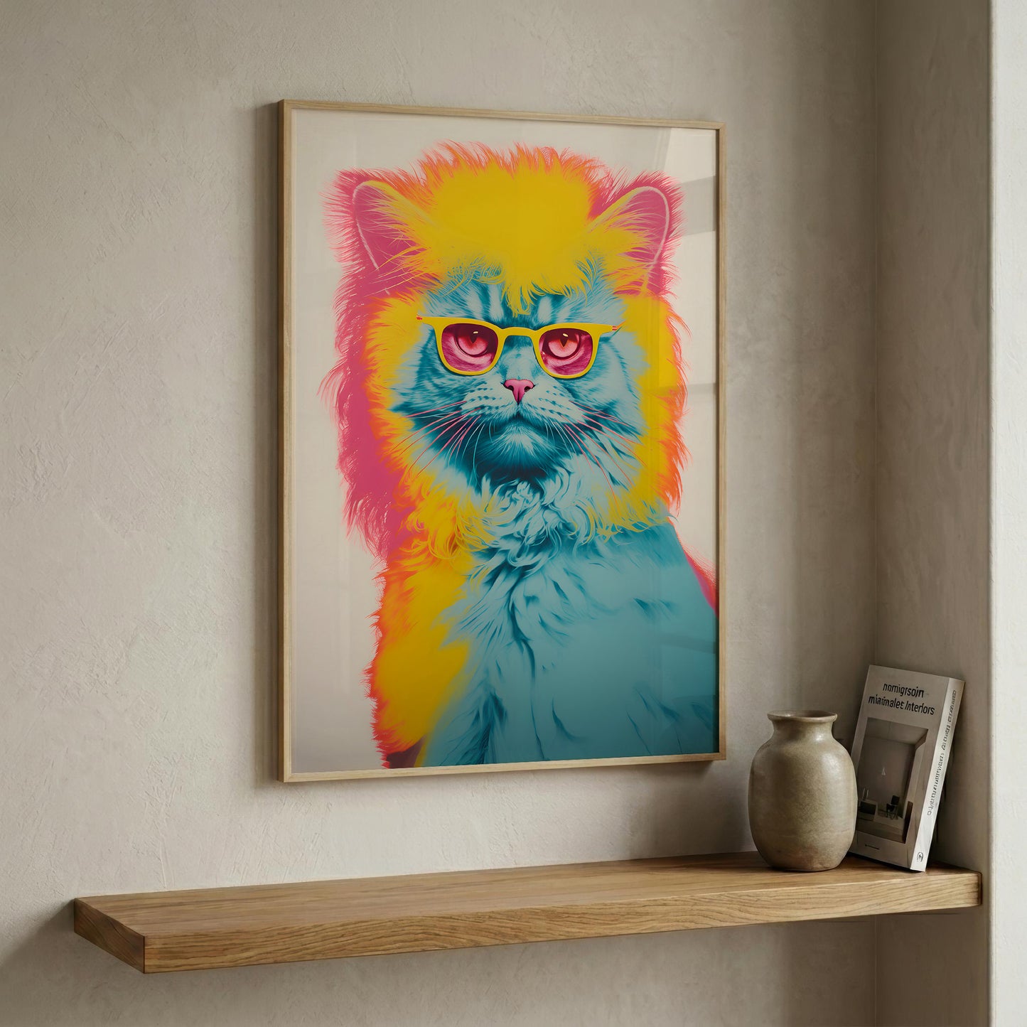 pop art cat wall art in a wood frame