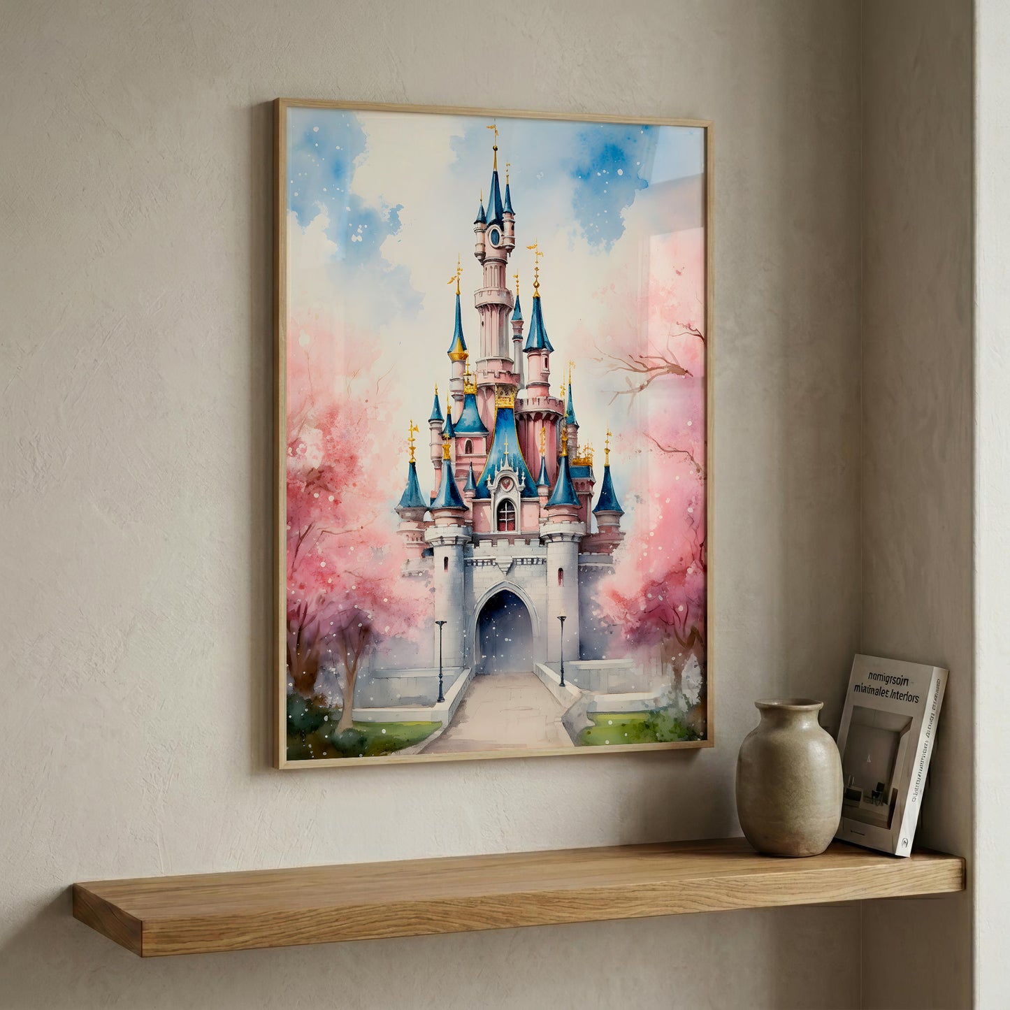 A framed watercolor-style art print of a fairytale castle with pink cherry blossoms, displayed on a beige wall above a wooden shelf with a vase and a book.