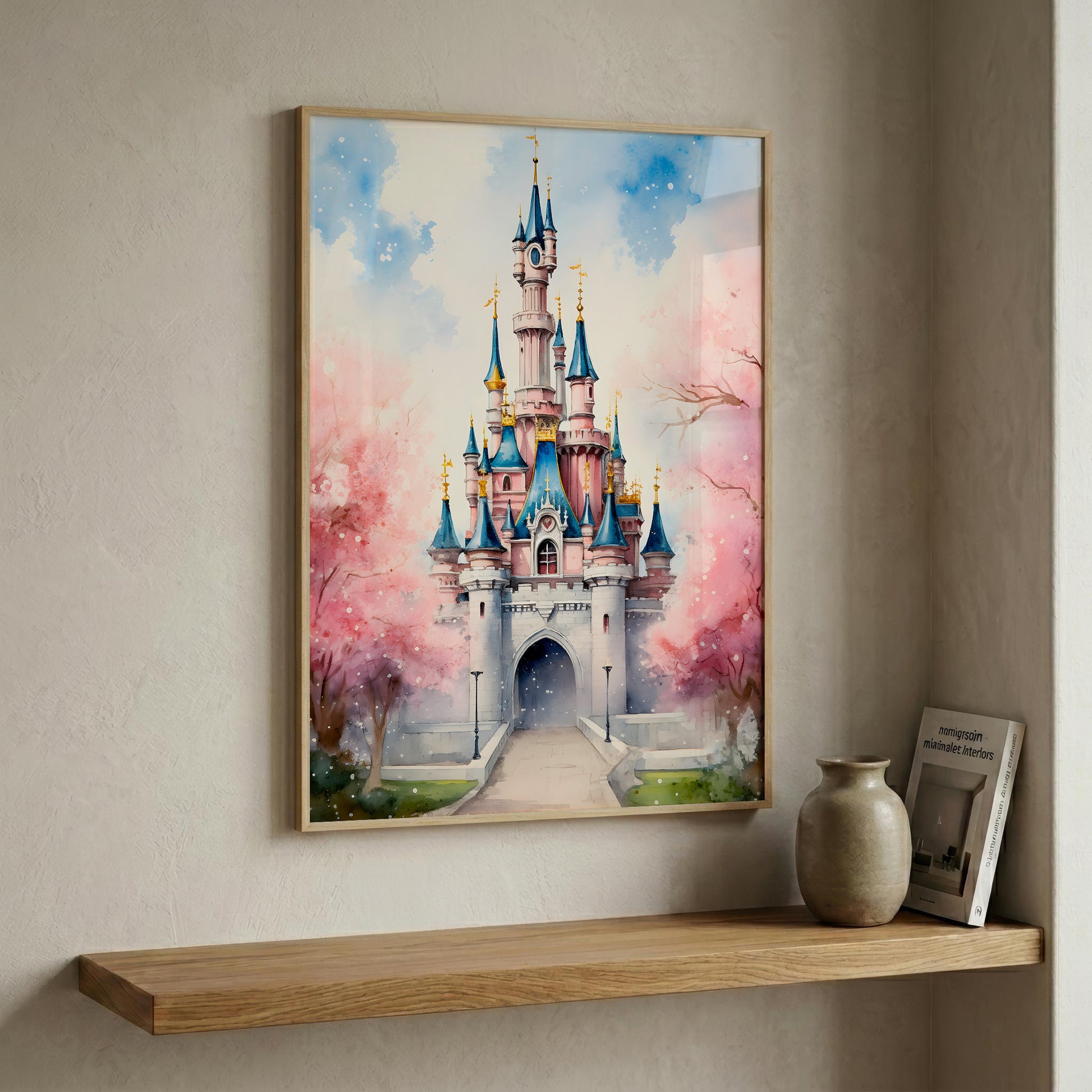 A framed watercolor-style art print of a fairytale castle with pink cherry blossoms, displayed on a beige wall above a wooden shelf with a vase and a book.