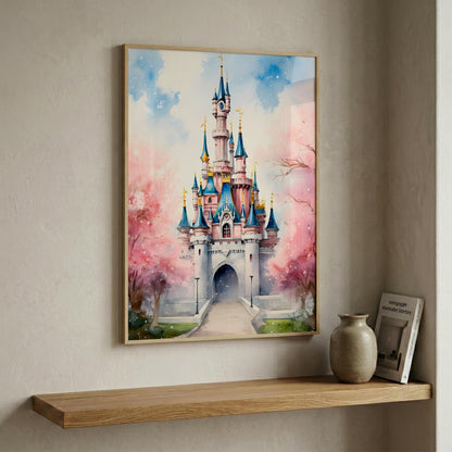 A framed watercolor-style art print of a fairytale castle with pink cherry blossoms, displayed on a beige wall above a wooden shelf with a vase and a book.