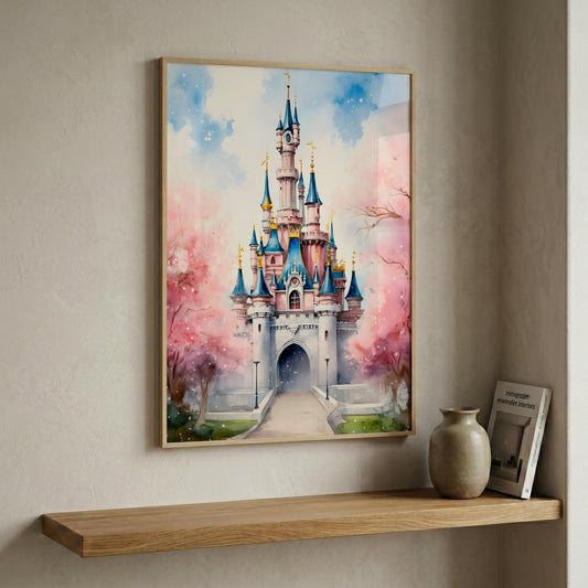 A framed watercolor-style art print of a fairytale castle with pink cherry blossoms, displayed on a beige wall above a wooden shelf with a vase and a book.