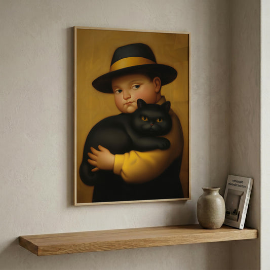 A framed art print depicting a child in a black hat and yellow shirt holding a black cat, hung on a textured beige wall above a wooden shelf with a vase and book.