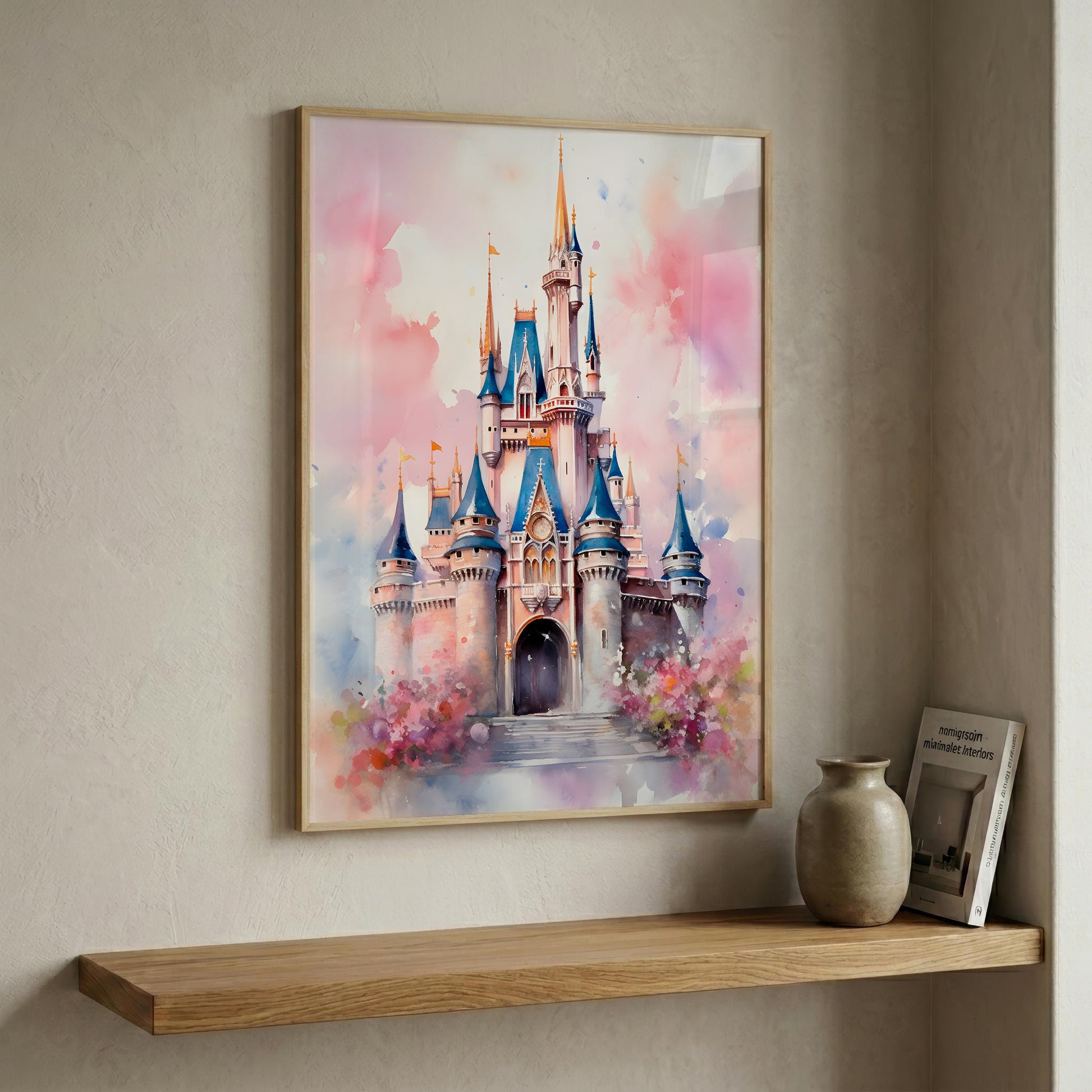 A framed watercolor painting of a fairytale castle with blue spires and pink watercolor washes, displayed on a beige wall above a wooden shelf with a vase and a book.