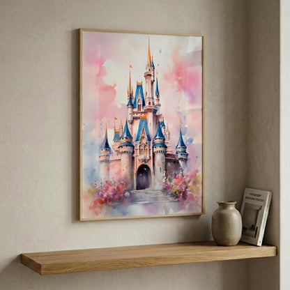 A framed watercolor painting of a fairytale castle with blue spires and pink watercolor washes, displayed on a beige wall above a wooden shelf with a vase and a book.