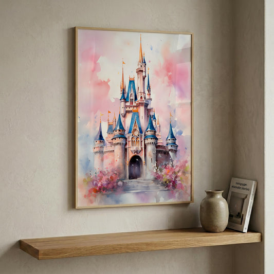 A framed watercolor painting of a fairytale castle with blue spires and pink watercolor washes, displayed on a beige wall above a wooden shelf with a vase and a book.