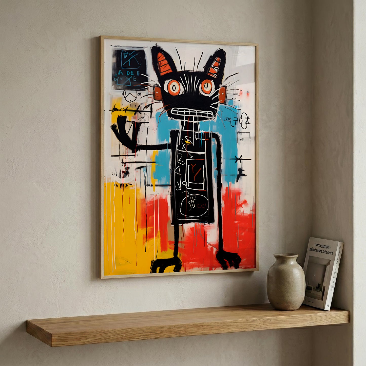 A framed abstract art print featuring a stylized black cat with orange eyes and colorful red, yellow, and blue background strokes, displayed on a beige wall above a wooden shelf with a vase and book.