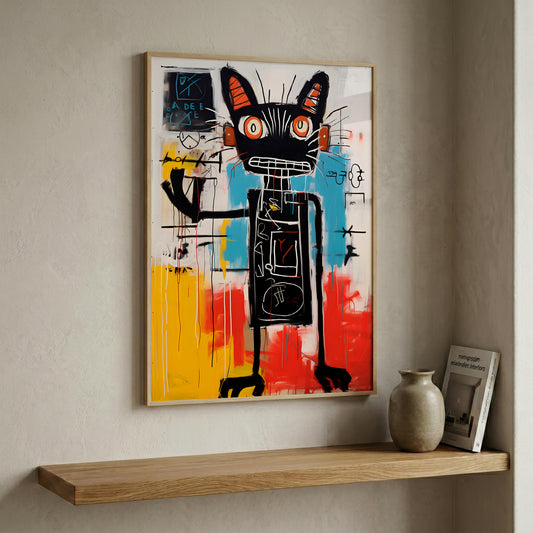 A framed abstract art print featuring a stylized black cat with orange eyes and colorful red, yellow, and blue background strokes, displayed on a beige wall above a wooden shelf with a vase and book.