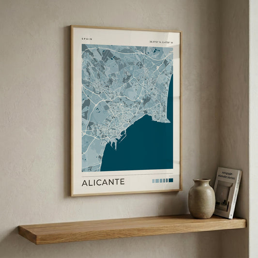 Impression Carte de la ville d'Alicante | Art mural de voyage en Espagne | Cadeau de pendaison de crémaillère et de voyage
