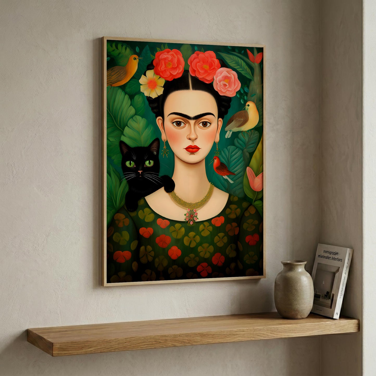 A framed art print featuring a stylized portrait of Frida Kahlo with flowers in her hair, a black cat, birds, and green foliage, displayed on a beige wall above a wooden shelf with a vase and book.