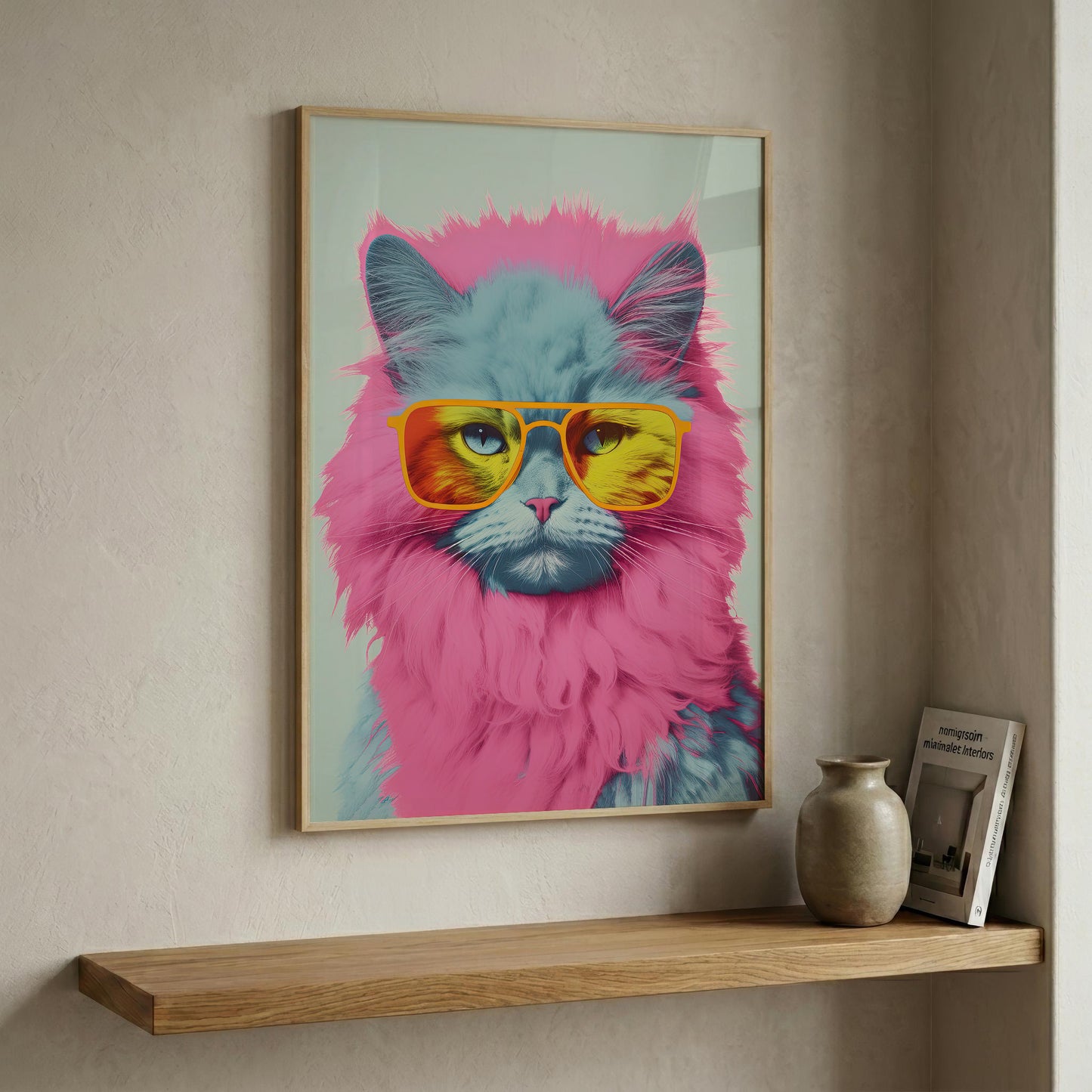 A framed wall art print featuring a stylized fluffy cat in bright pink and blue with yellow sunglasses, displayed on a beige wall above a wooden shelf with a vase and book.