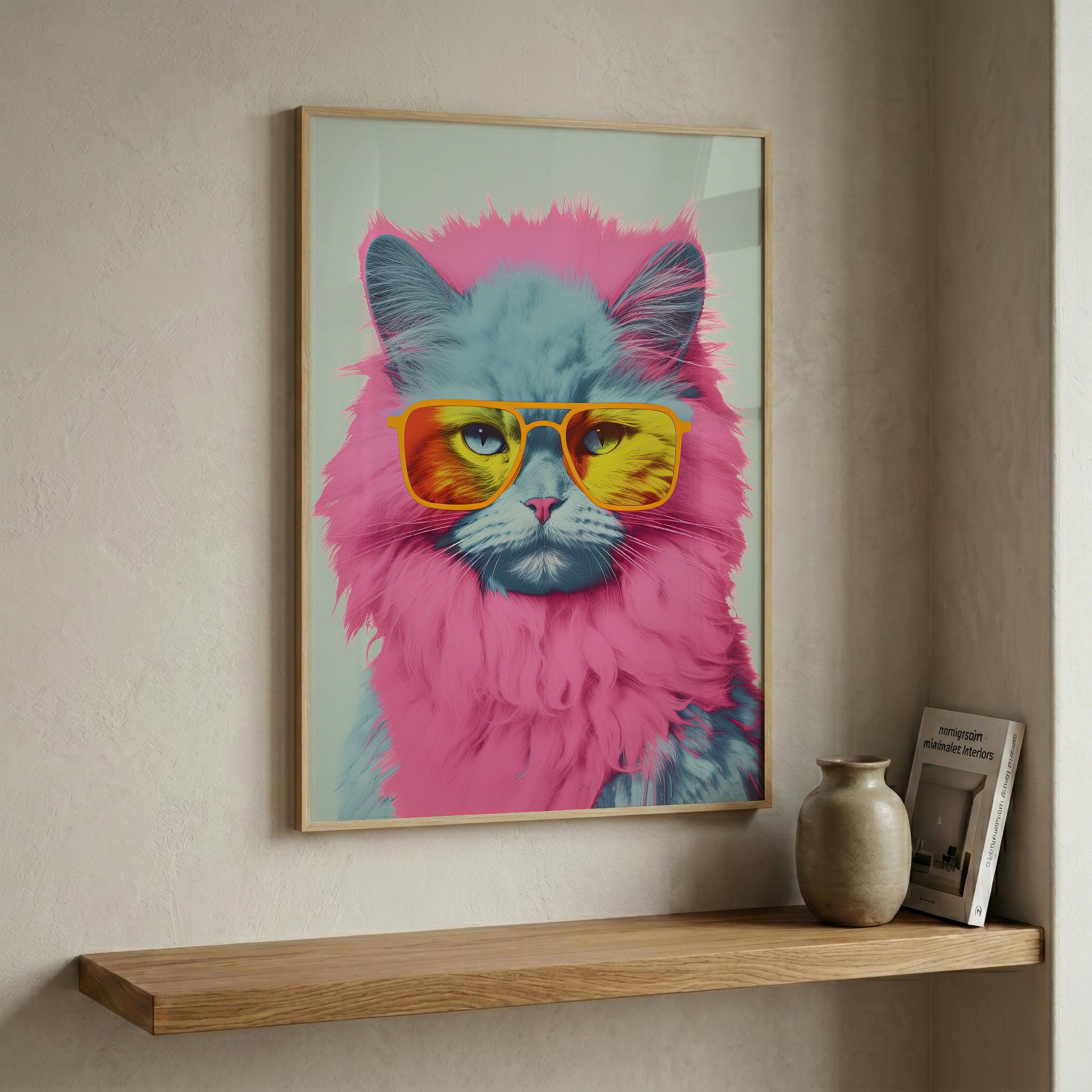 A framed wall art print featuring a stylized fluffy cat in bright pink and blue with yellow sunglasses, displayed on a beige wall above a wooden shelf with a vase and book.