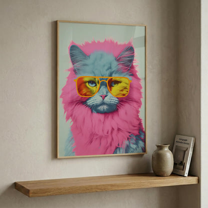 A framed wall art print featuring a stylized fluffy cat in bright pink and blue with yellow sunglasses, displayed on a beige wall above a wooden shelf with a vase and book.