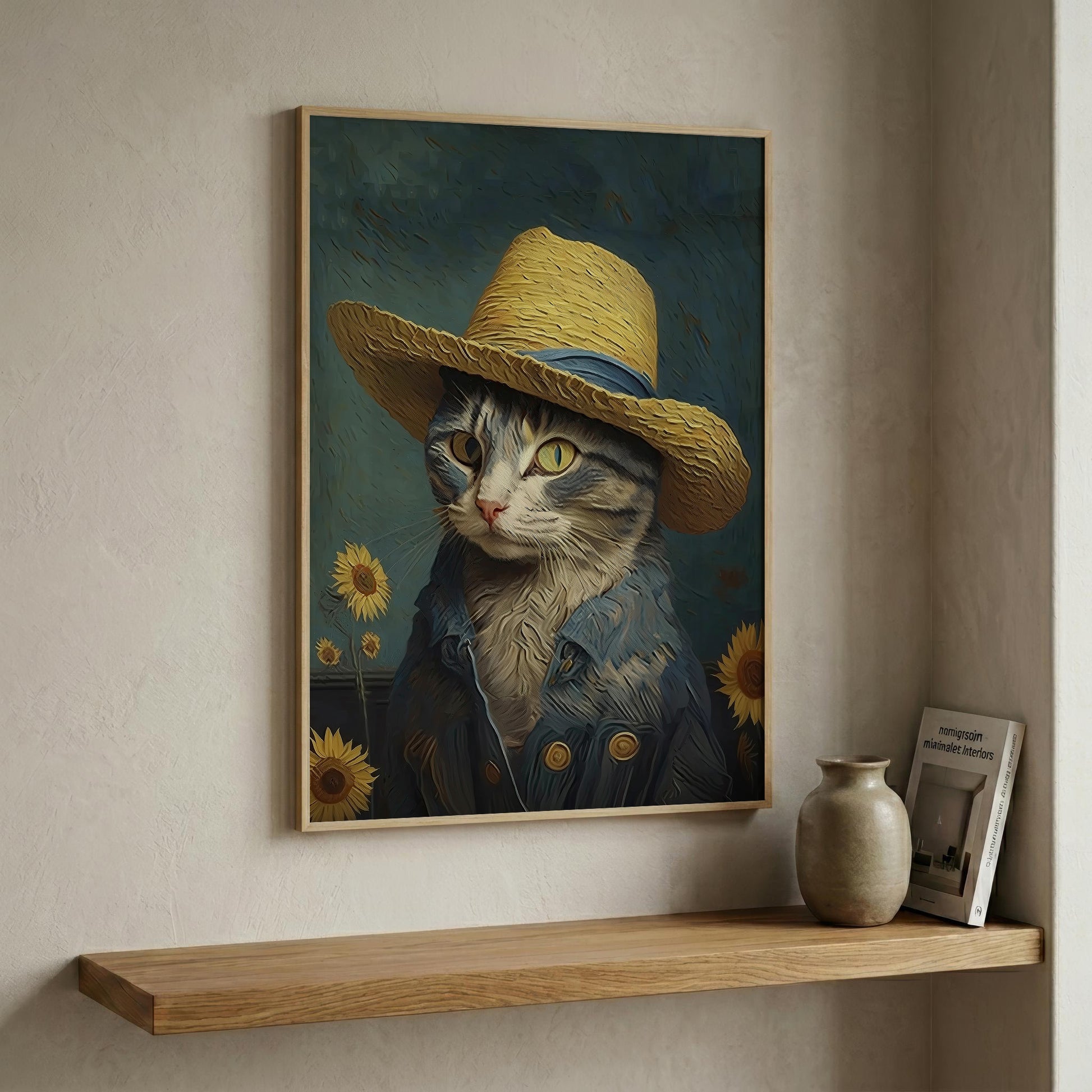 A framed vertical art print featuring a stylized cat in a straw hat and blue jacket with sunflowers, displayed on a beige wall above a wooden shelf with a vase and book.