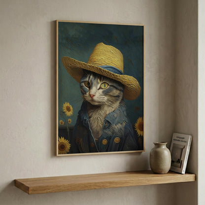 A framed vertical art print featuring a stylized cat in a straw hat and blue jacket with sunflowers, displayed on a beige wall above a wooden shelf with a vase and book.