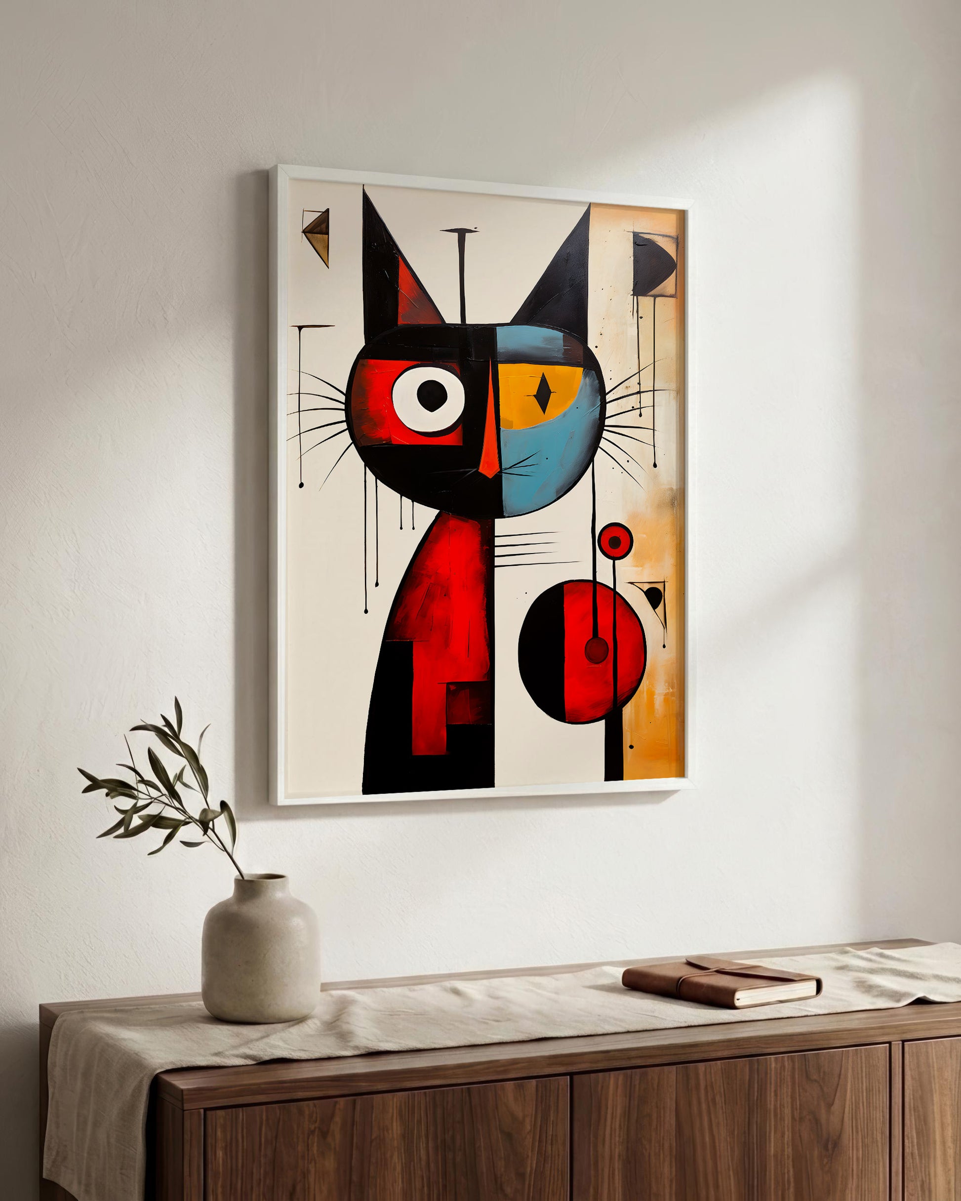 A framed abstract geometric cat painting hangs on a light gray wall above a wooden console table with a vase and book.