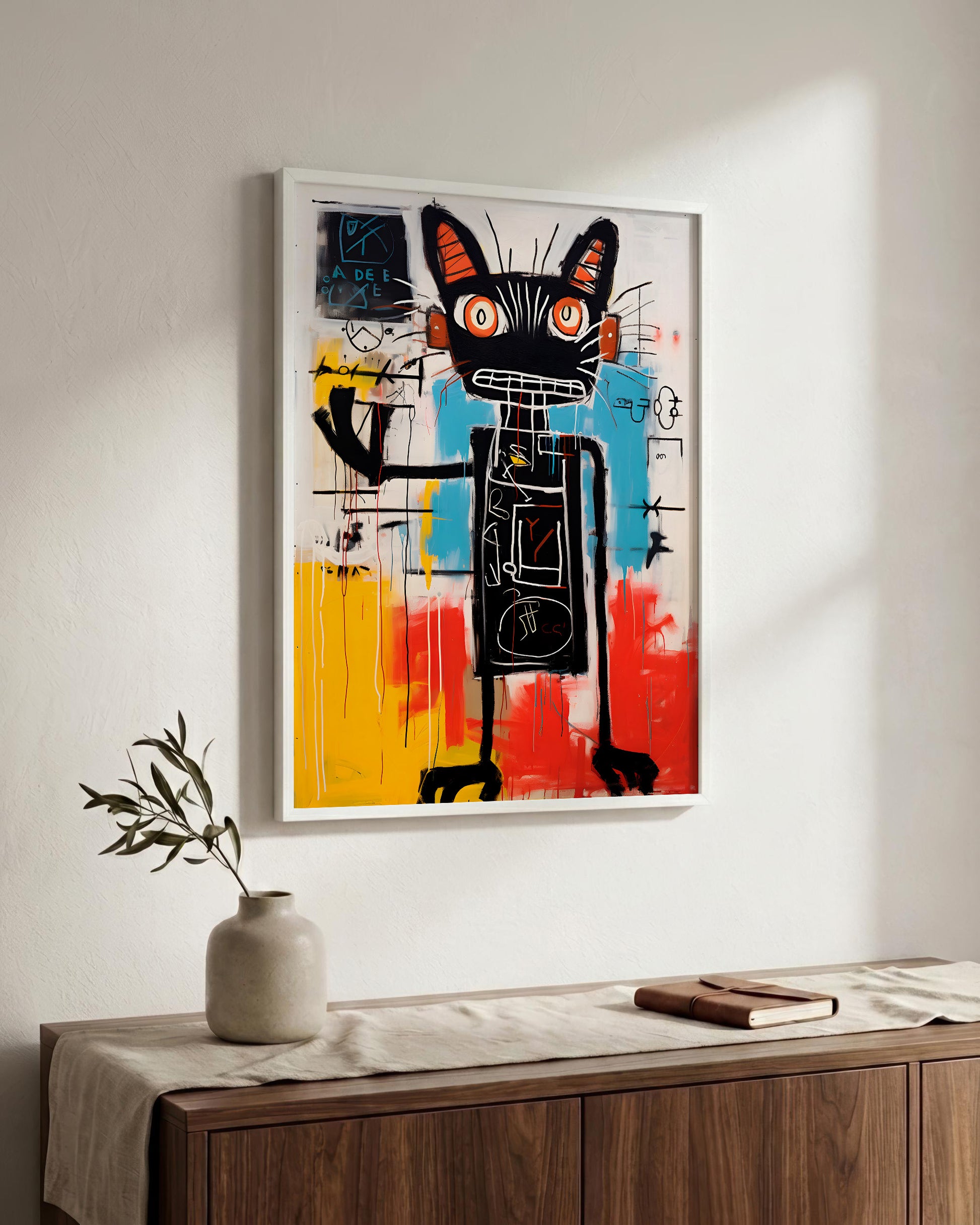 A framed abstract art print featuring a stylized black cat with orange eyes and colorful paint strokes, displayed on a white wall above a wooden console table with a vase and book.