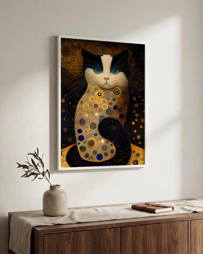 A framed wall art print featuring a stylized cat in a gold, black, and cream Art Nouveau-inspired design, displayed on a white wall above a wooden console table with a vase and book.