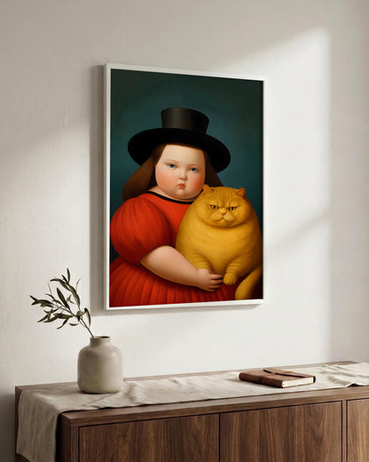 A framed vertical art print hanging on a white wall above a wooden console table. The print shows a stylized portrait of a child in a red dress and black hat holding a large orange cat against a dark teal background.