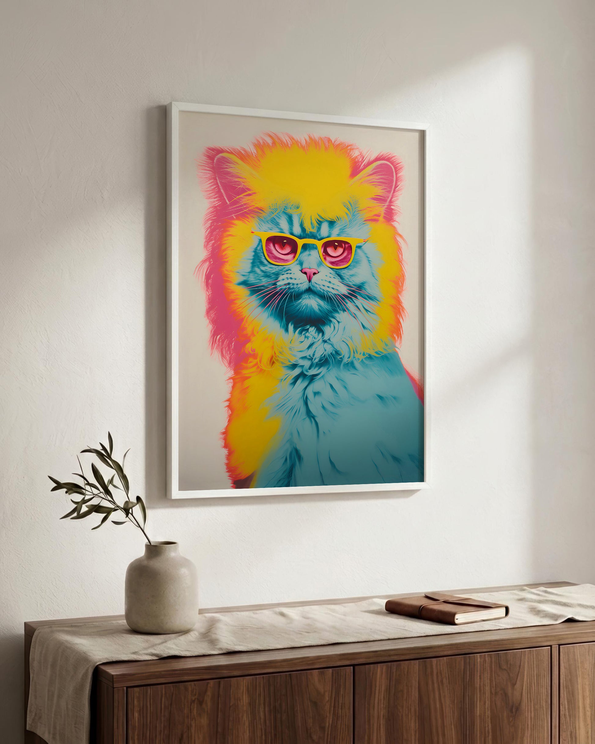 A framed pop-art style poster of a fluffy cat with bright neon colors hangs on a light wall above a wooden sideboard with a vase and book.