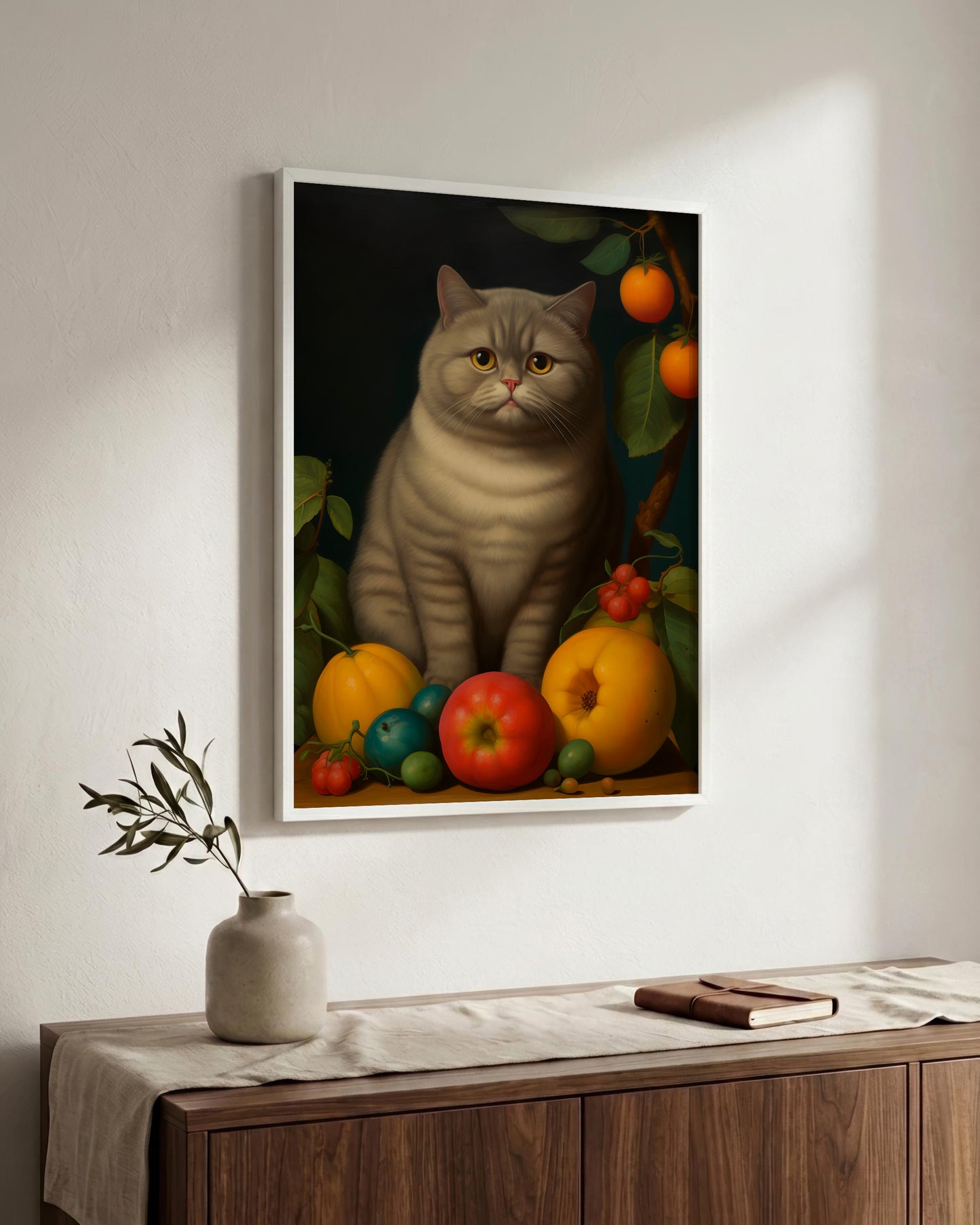 A framed vertical art print depicting a gray tabby cat surrounded by colorful fruits, displayed on a white wall above a wooden console table with a vase and book.