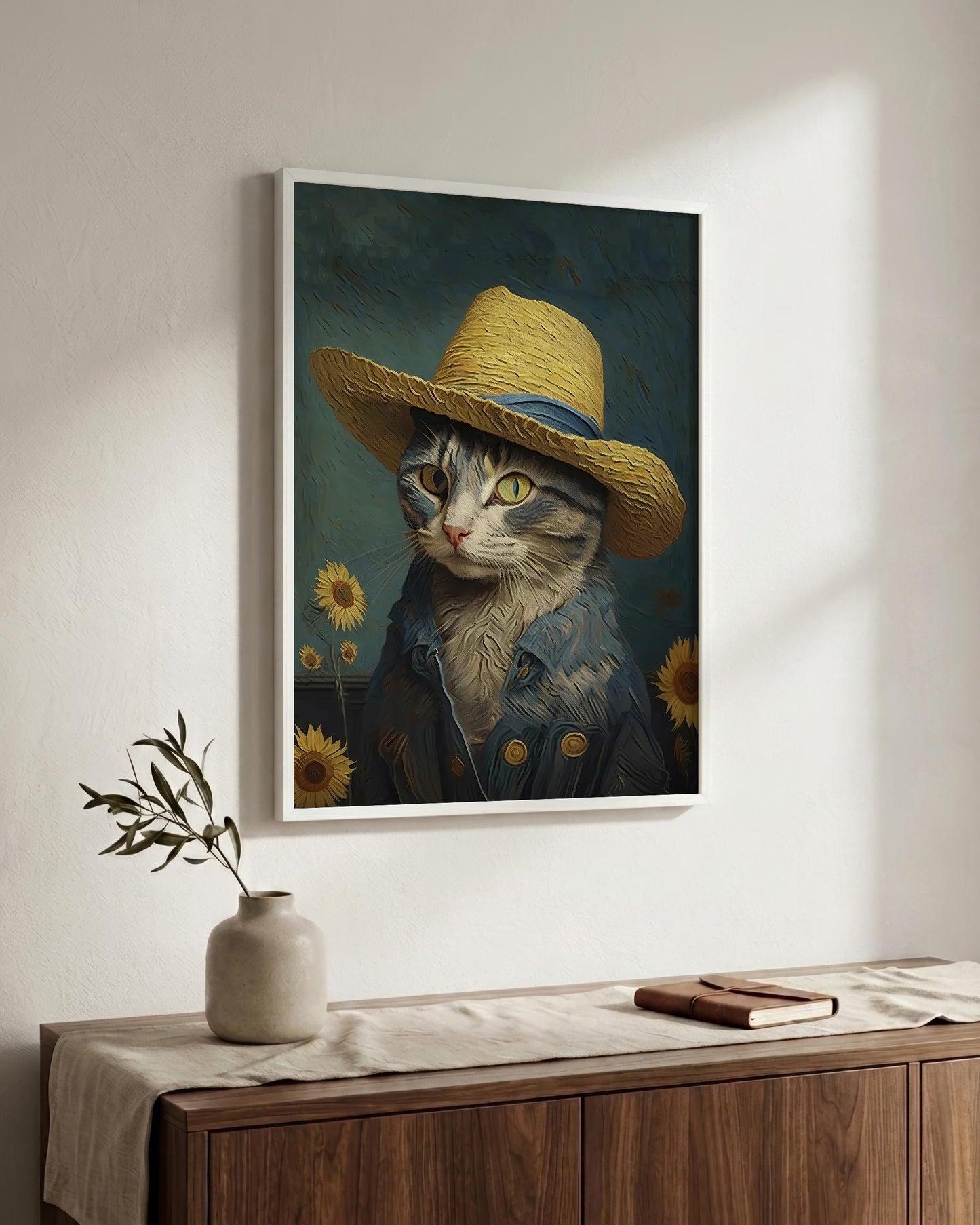 A framed vertical art print featuring a cat dressed in a straw hat and blue jacket, displayed on a white wall above a wooden console table with a vase and book.