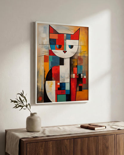 A framed abstract cubist-style cat painting hangs on a white wall above a wooden console table with a vase and book. The artwork uses geometric blocks of red, blue, orange, yellow, black, and white on a warm beige background.