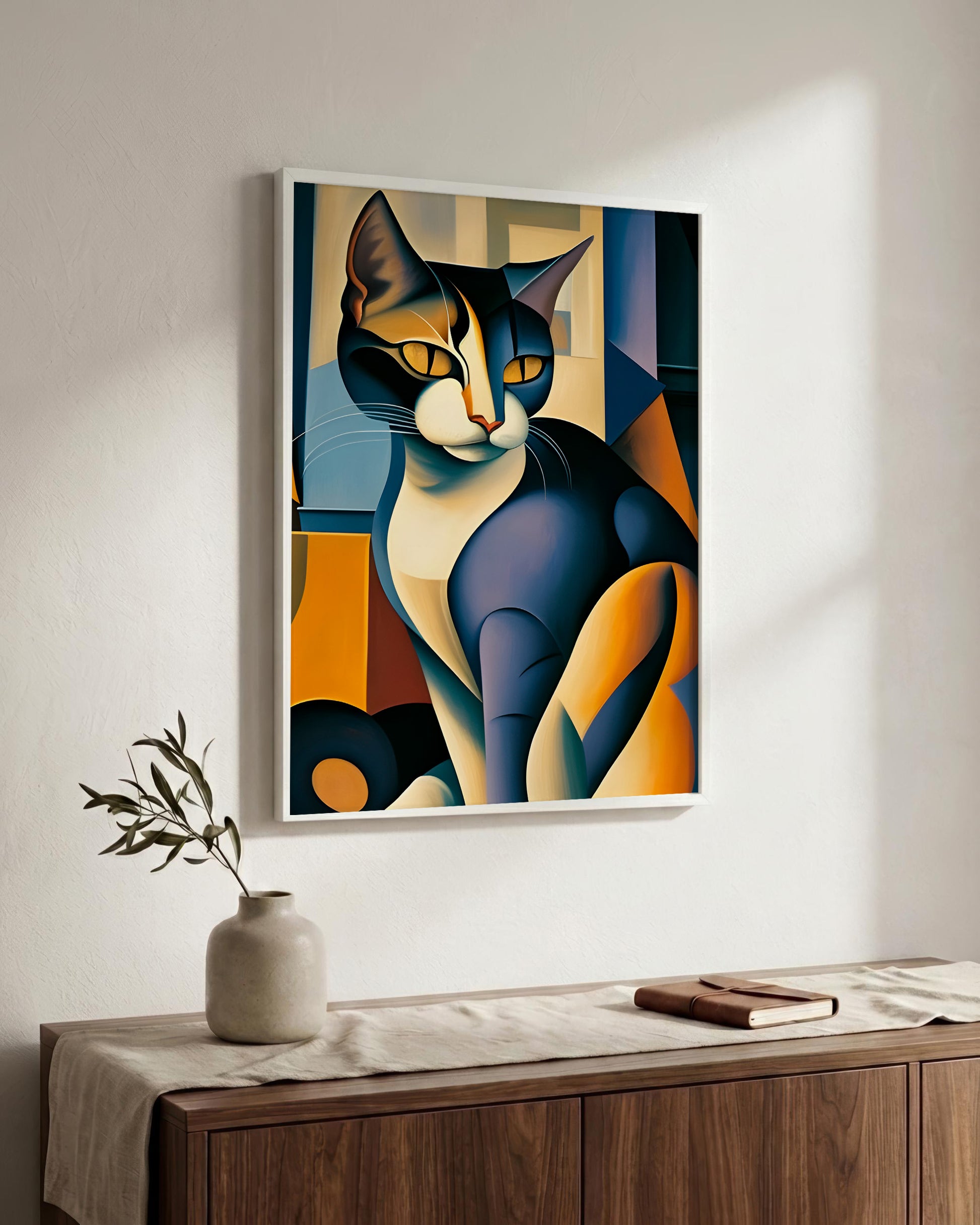 A framed abstract cubist-style cat wall art print hangs on a white wall above a wooden console table with a vase and book.