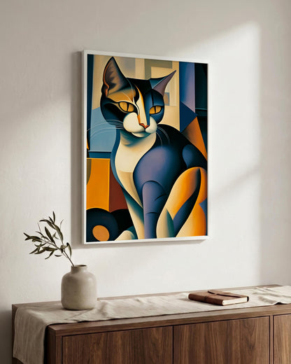 A framed abstract cubist-style cat wall art print hangs on a white wall above a wooden console table with a vase and book.