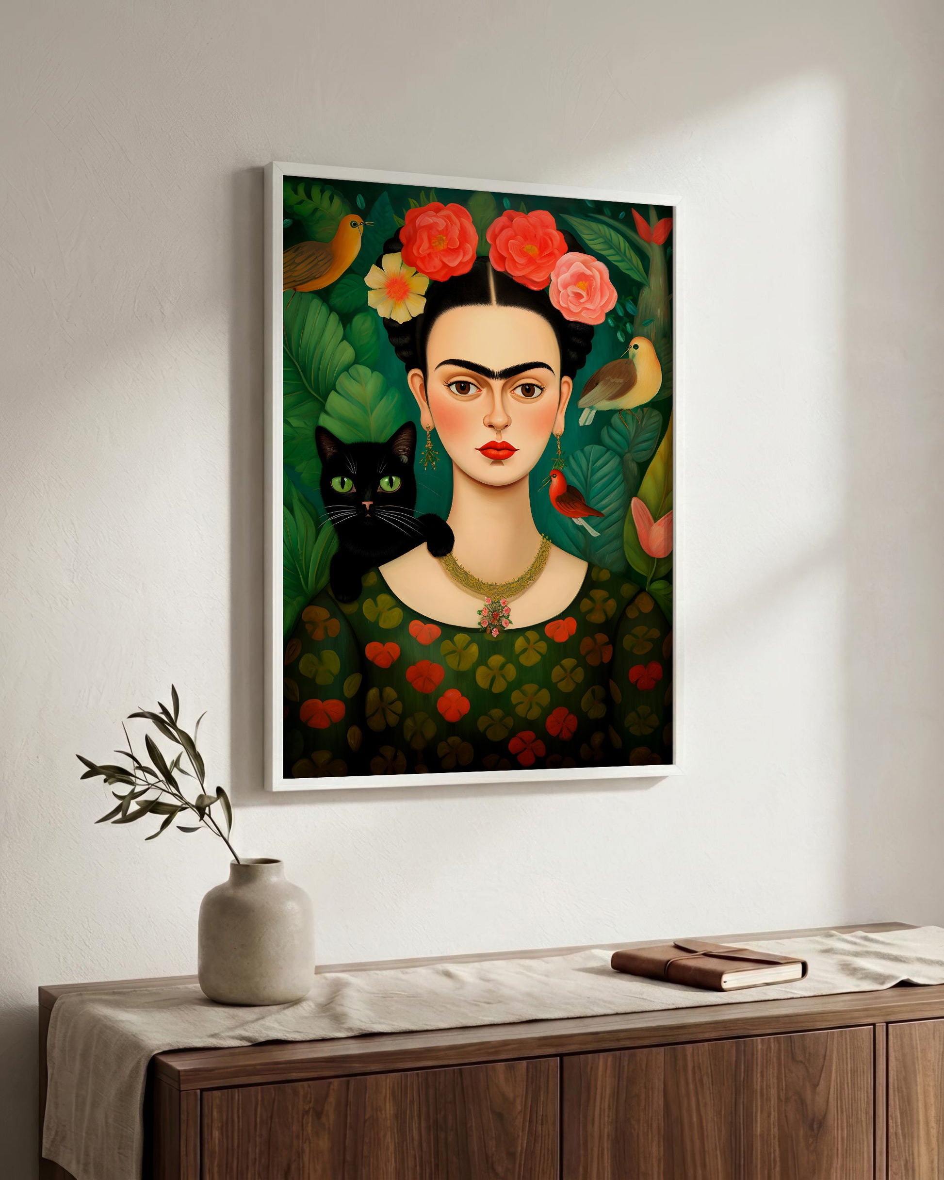 A framed art print of Frida Kahlo's portrait hangs on a white wall above a wooden console table with a vase and a book. The artwork features a woman with dark hair adorned with red and pink flowers, a black cat, and green foliage.