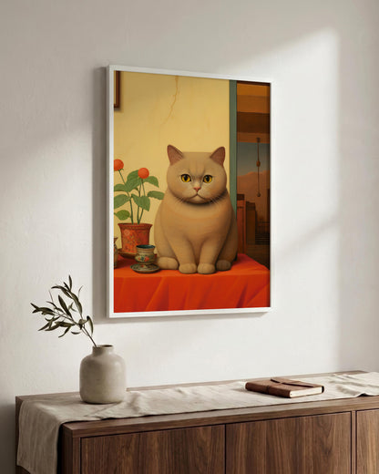 A framed wall art print showing a ginger cat sitting on an orange-red tablecloth with a potted plant beside it, displayed above a wooden console table with a vase and book in a styled interior.