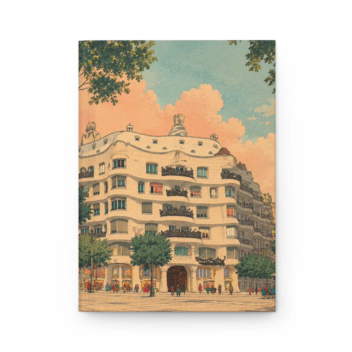 A vertical art print or poster featuring a vintage-style illustration of a curved, multi-story building with balconies, trees, and a pastel sky, shown against a plain white background.