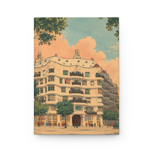A vertical art print or poster featuring a vintage-style illustration of a curved, multi-story building with balconies, trees, and a pastel sky, shown against a plain white background.