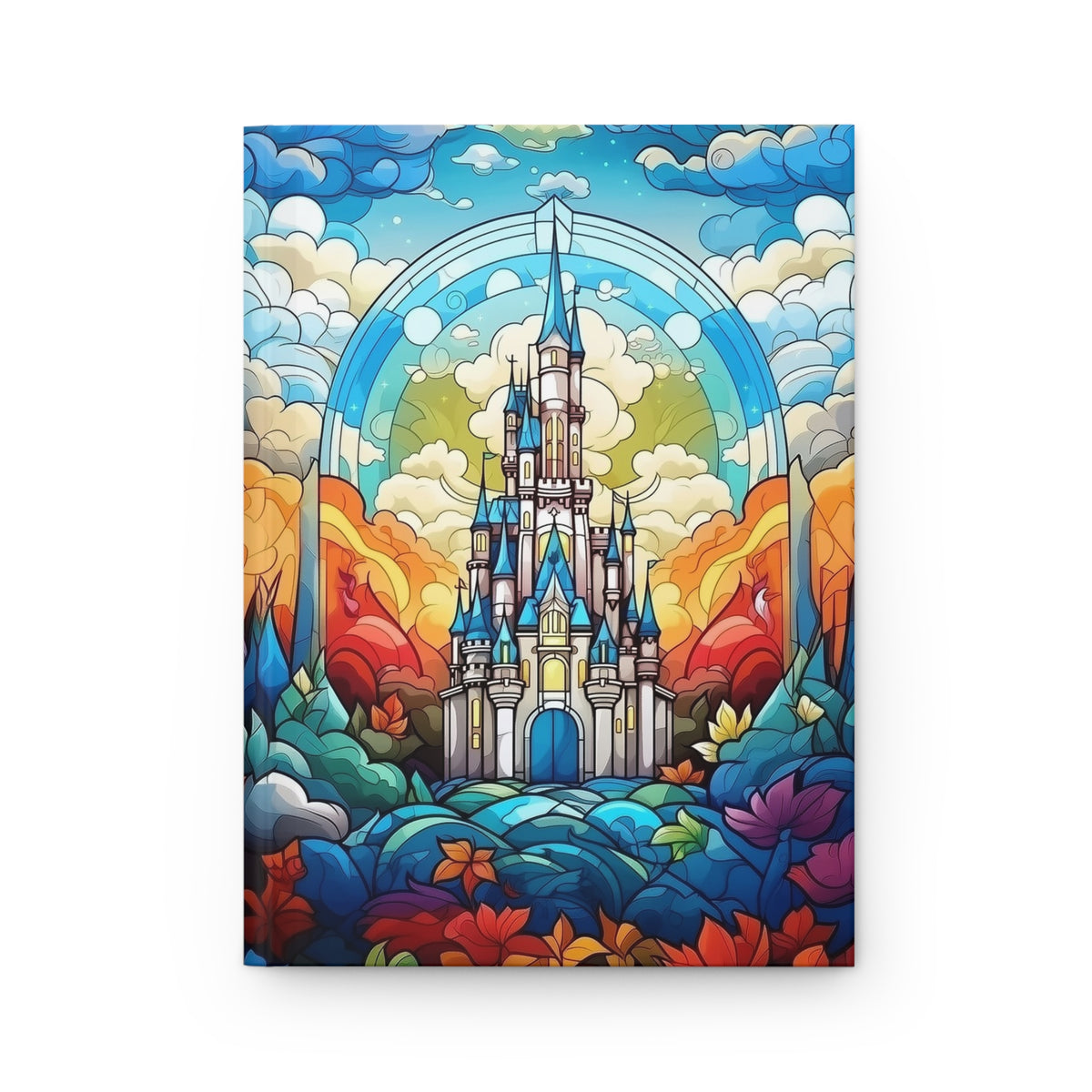 A vertical art print featuring a colorful stained-glass style illustration of a fairytale castle surrounded by clouds, mountains, and flowers, shown against a plain white background.